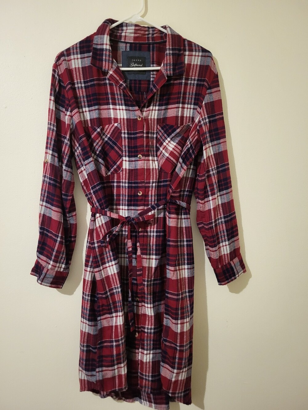 Jachs Girlfriend Burgundy Plaid Flannel Button-Front Shirt Dress Waist Tie Cozy